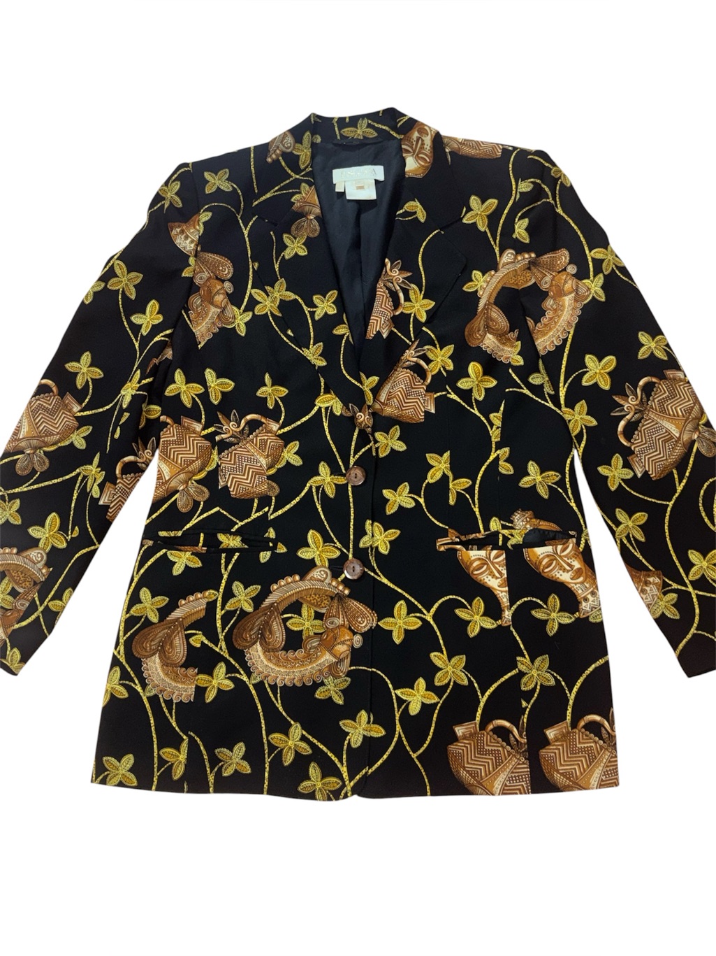 Escada Margaretha Ley 100% Silk Print Jacket, Black, Tan, Gold, Size 40, Us 10